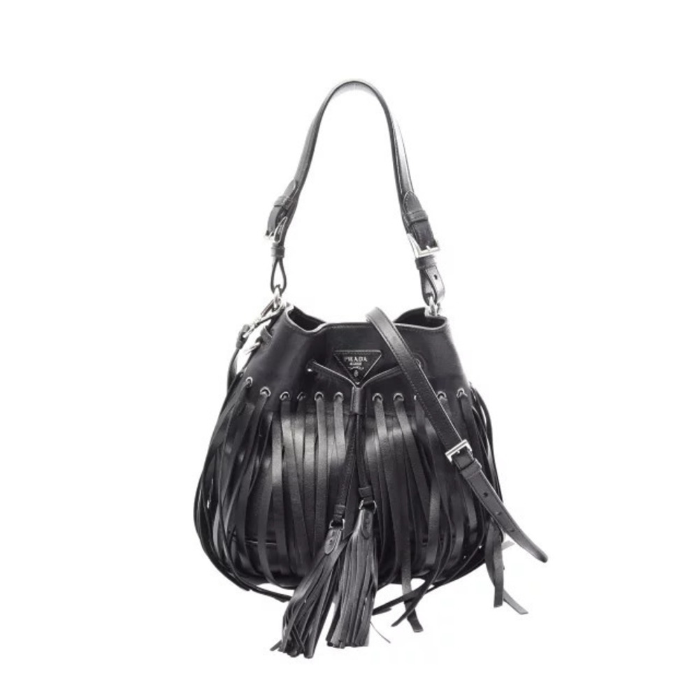 Prada Triangle Fringe Handbag Leather Black